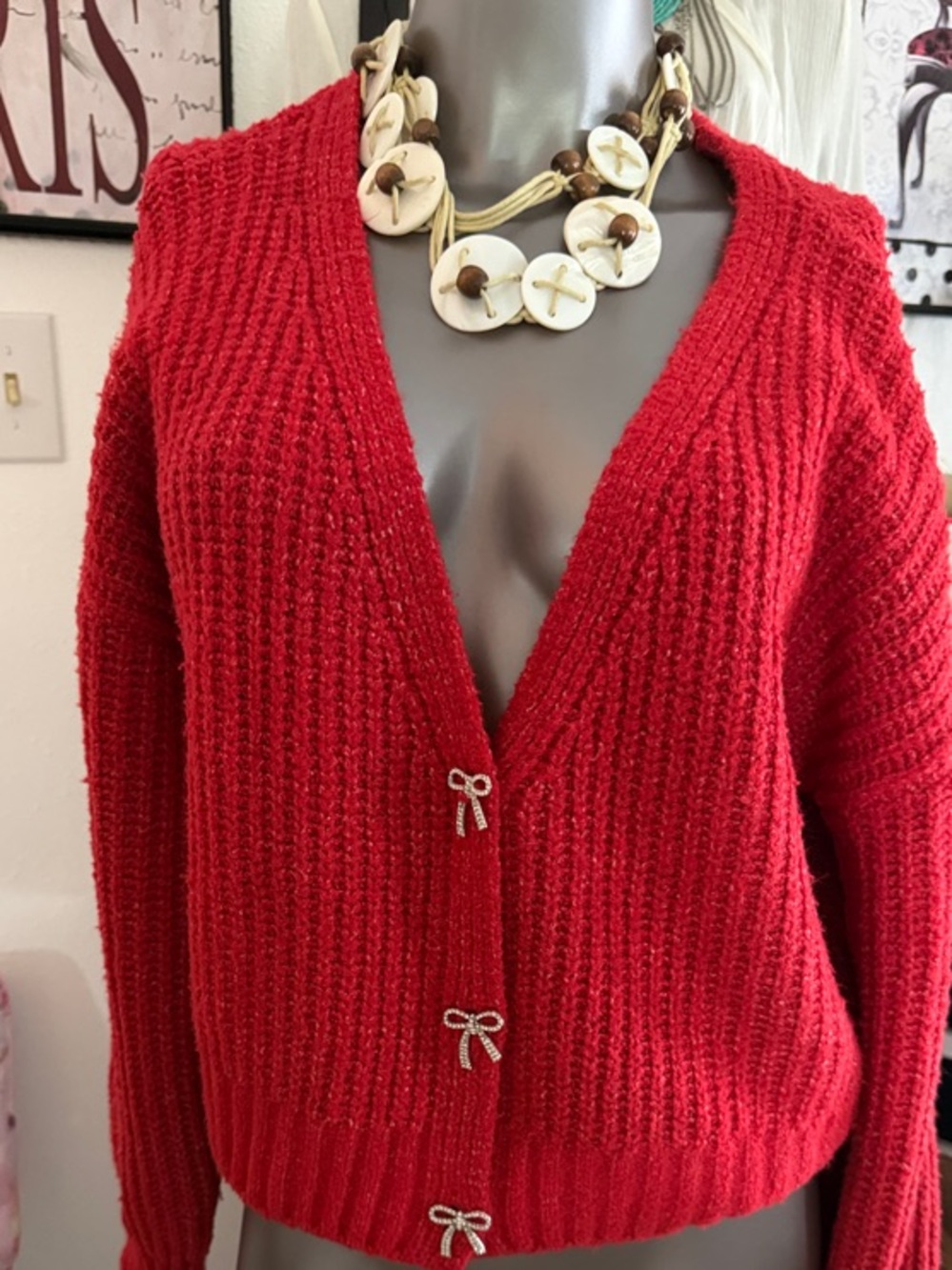 Pink Rose Red V-Neck Ribbed Cardigan with Bow Buttons
